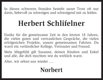 Traueranzeige von Herbert Schlifelner von KREISZEITUNG SYKE