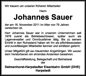 Traueranzeige von Hannes Sauer von KREISZEITUNG SYKE