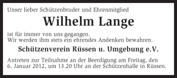 Traueranzeige von Wilhelm Lange von KREISZEITUNG SYKE