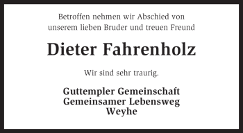 Traueranzeige von Dieter Fahrenholz von KREISZEITUNG SYKE