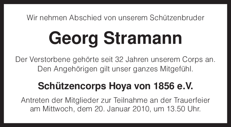  Traueranzeige für Georg Stramann vom 19.01.2010 aus KREISZEITUNG SYKE