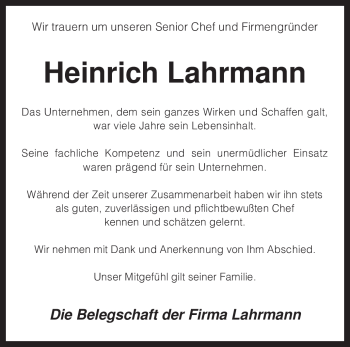 Traueranzeige von Heinrich Lahrmann von KREISZEITUNG SYKE