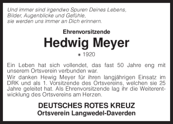 Traueranzeige von Hedwig Meyer von KREISZEITUNG SYKE