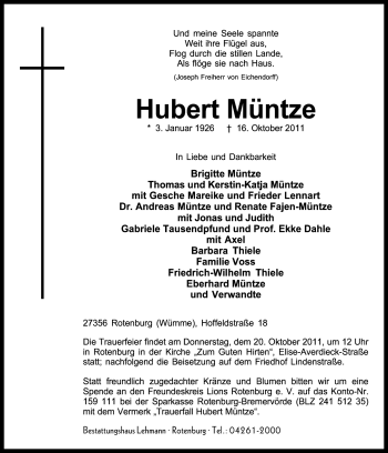 Traueranzeige von Hubert Müntze von KREISZEITUNG SYKE