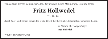 Traueranzeige von Fritz Hollwedel von KREISZEITUNG SYKE