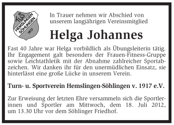 Traueranzeige von Helga Johannes von KREISZEITUNG SYKE