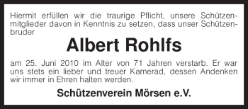 Traueranzeige von Albert Rohlfs von KREISZEITUNG SYKE