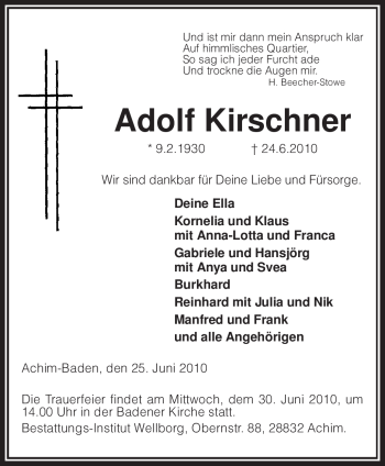 Traueranzeige von Adolf Kirschner von KREISZEITUNG SYKE