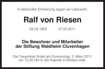Traueranzeige von Ralf von Riesen von KREISZEITUNG SYKE