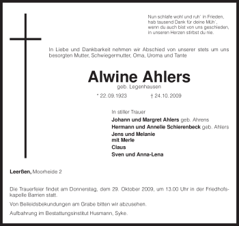 Traueranzeige von Alwine Ahlers von KREISZEITUNG SYKE