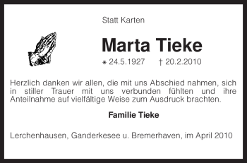 Traueranzeige von Marta Tieke von KREISZEITUNG SYKE