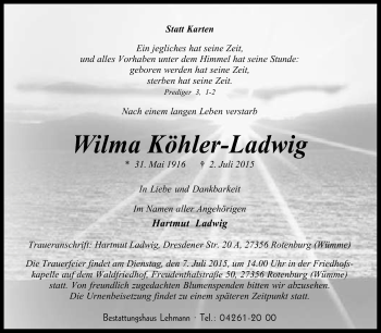 Traueranzeige von Wilma Köhler-Ladwig von KRZ