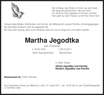 Traueranzeige von Martha Jegodtka von KREISZEITUNG SYKE