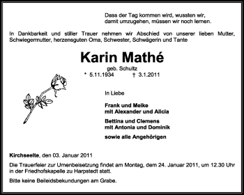 Traueranzeige von Karin Mathé von KREISZEITUNG SYKE