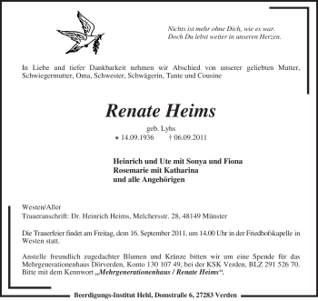 Traueranzeige von Renate Heims von KREISZEITUNG SYKE