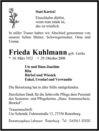 Traueranzeige von Frieda Kuhlmann von KREISZEITUNG SYKE