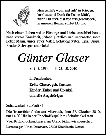 Traueranzeige von Günter Glaser von KREISZEITUNG SYKE