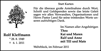 Traueranzeige von Rolf Kleffmann von KREISZEITUNG SYKE