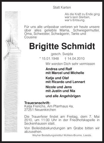 Traueranzeige von Brigitte Schmidt von KREISZEITUNG SYKE