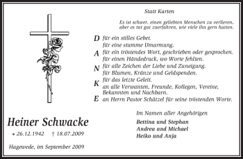 Traueranzeige von Heiner Schwacke von KREISZEITUNG SYKE