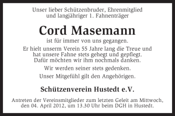 Traueranzeige von Cord Masemann von KREISZEITUNG SYKE