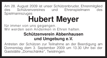 Traueranzeige von Hubert Meyer von KREISZEITUNG SYKE