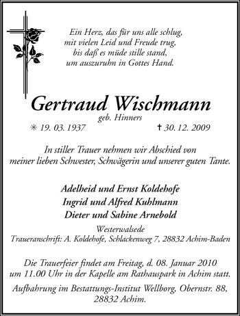 Traueranzeige von Gertraud Wischmann von KREISZEITUNG SYKE