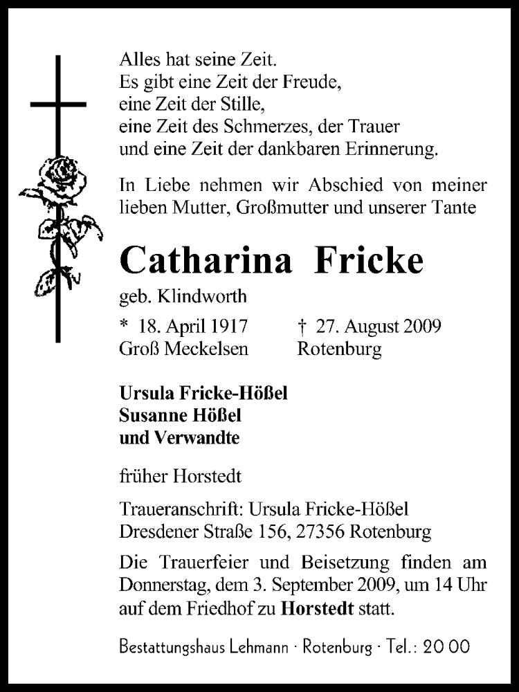  Traueranzeige für Catharina Fricke vom 31.08.2009 aus KREISZEITUNG SYKE