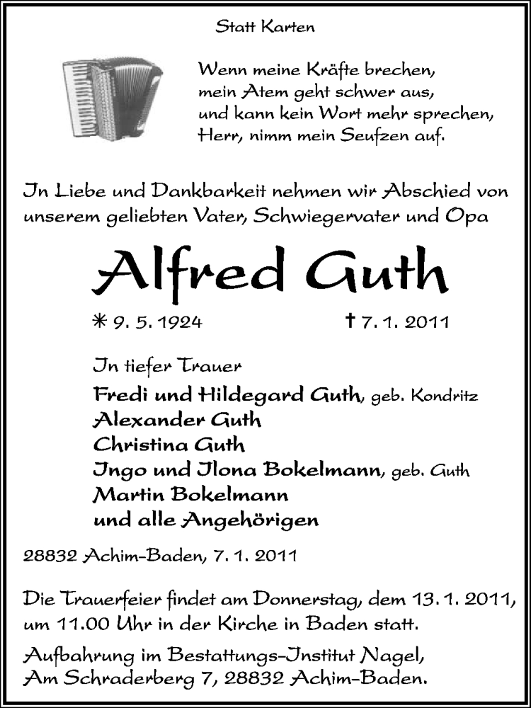  Traueranzeige für Alfred Guth vom 10.01.2011 aus KREISZEITUNG SYKE