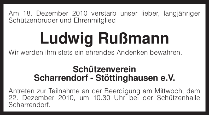  Traueranzeige für Ludwig Rußmann vom 20.12.2010 aus KREISZEITUNG SYKE