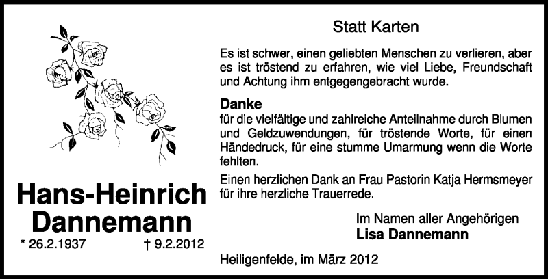  Traueranzeige für Hans-Heinrich Dannemann vom 28.03.2012 aus KREISZEITUNG SYKE