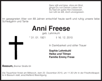 Traueranzeige von Anni Freese von KREISZEITUNG SYKE