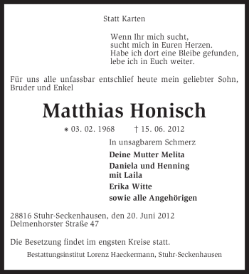 Traueranzeige von Matthias Honisch von KREISZEITUNG SYKE