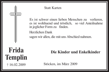 Traueranzeige von Frida Templin von KREISZEITUNG SYKE