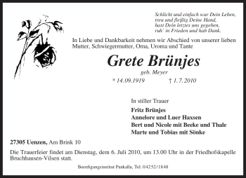 Traueranzeige von Grete Brünjes von KREISZEITUNG SYKE