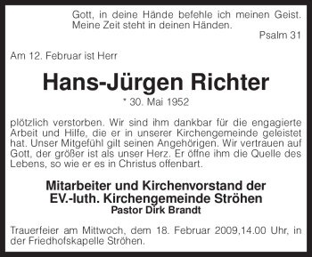 Traueranzeige von Hans-Jürgen Richter von KREISZEITUNG SYKE