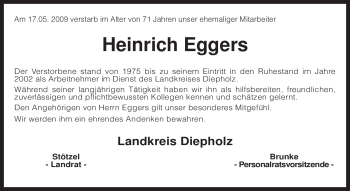 Traueranzeige von Heinrich Eggers von KREISZEITUNG SYKE