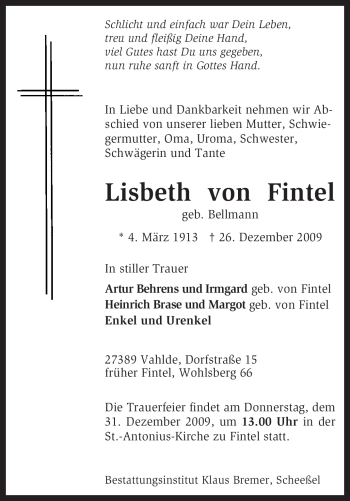 Traueranzeige von Lisbeth von Fintel von KREISZEITUNG SYKE