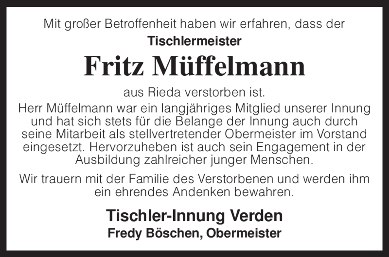  Traueranzeige für Fritz Müffelmann vom 15.07.2009 aus KREISZEITUNG SYKE