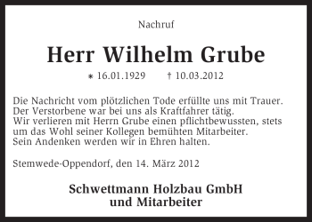 Traueranzeige von Wilhelm Grube von KREISZEITUNG SYKE