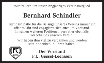 Traueranzeige von Bernhard Schindler von KREISZEITUNG SYKE