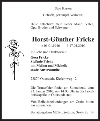 Traueranzeige von Horst-Günther Fricke von KREISZEITUNG SYKE