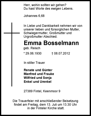 Traueranzeige von Emma Bosselmann von KREISZEITUNG SYKE