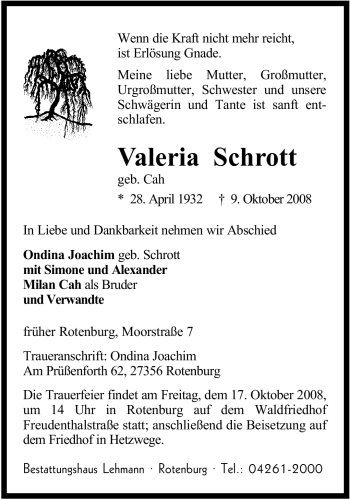 Traueranzeige von Valeria Schrott von KREISZEITUNG SYKE