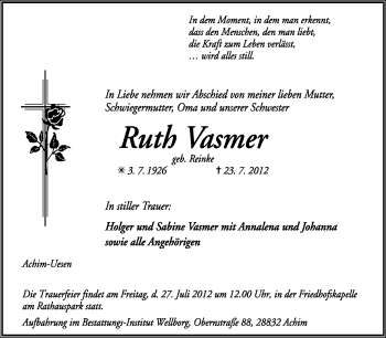 Traueranzeige von Ruth Vasmer von KREISZEITUNG SYKE