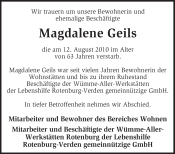 Traueranzeige von Magdalene Geils von KREISZEITUNG SYKE