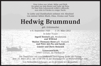 Traueranzeige von Hedwig Brummund von KREISZEITUNG SYKE