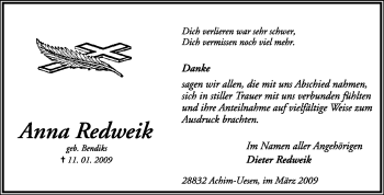 Traueranzeige von Anne Redweik von KREISZEITUNG SYKE