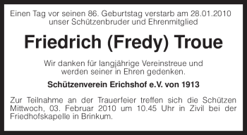 Traueranzeige von Friedrich Troue von KREISZEITUNG SYKE