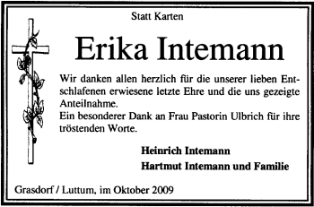 Traueranzeige von Erika Intemann von KREISZEITUNG SYKE